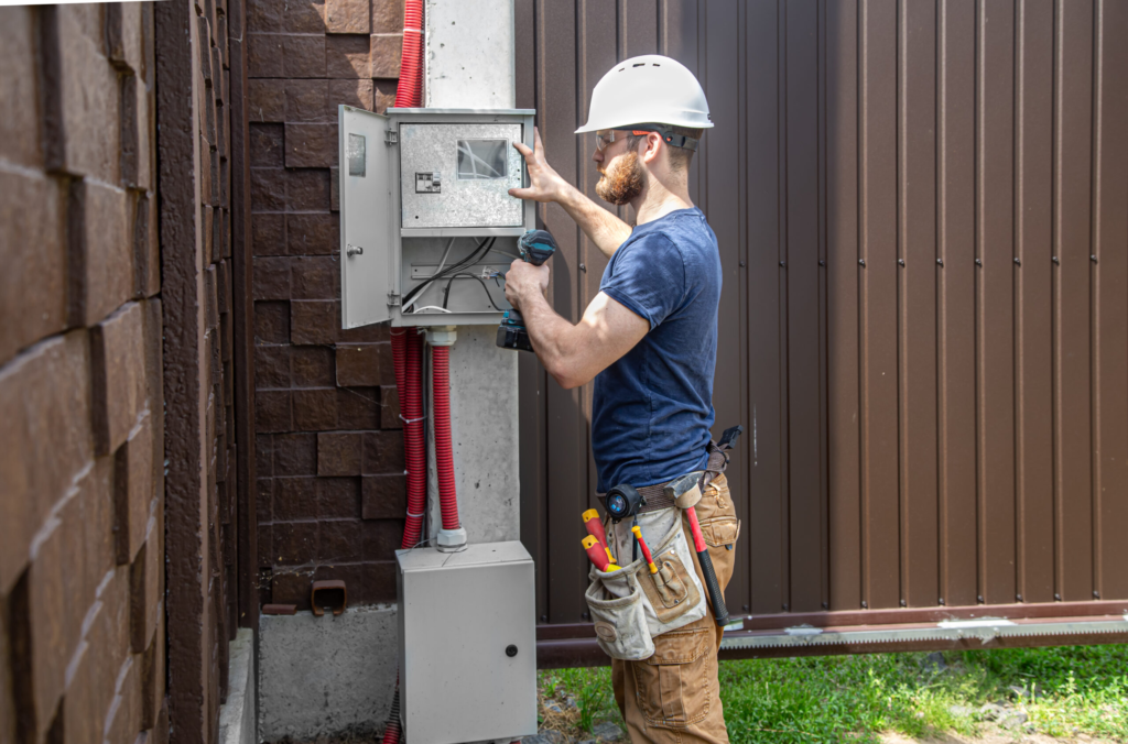 electrician builder examines the cable connection in the electrical line in switchboard.
