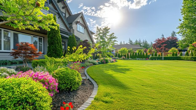 freepicdownloader.com perfect manicured lawn flowerbed with shrubs sunshine backdrop residential house normal.webp
